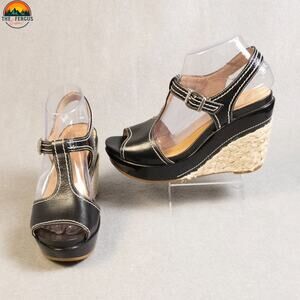 Nurture Espadrille Wedge Sandals Black Peep Toe Woven Heels Women's Size 7.5 M